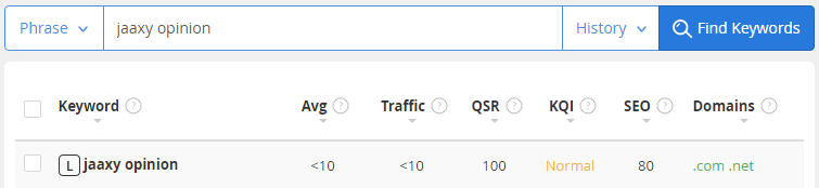 Screenshot showing results of a Jaaxy search for the "Jaaxy opinion" keyword showing a QSR of 100
