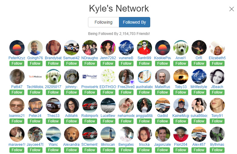 A screen shot of some of the people following Kyle, a founder of Wealthy Affiliate.