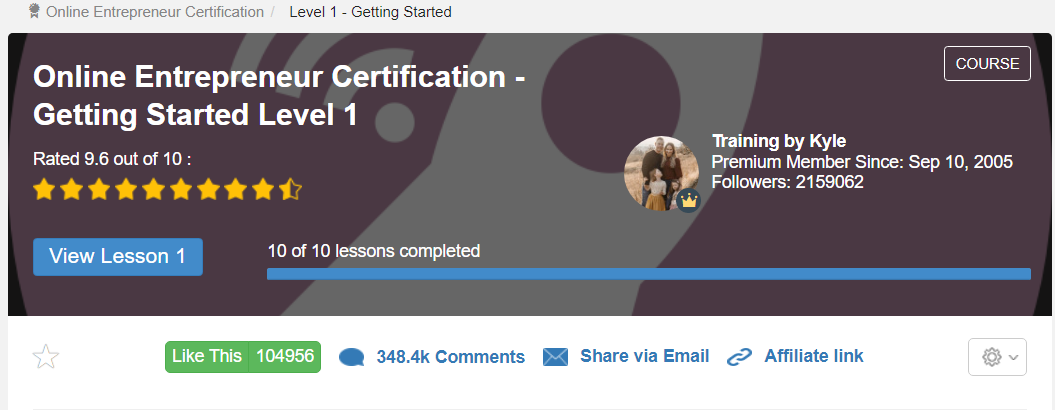 A screen shot of Wealthy Affiliate's Online Entrepreneur Course Getting Started Level 1 course image