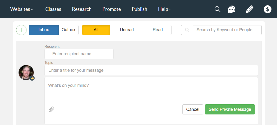 Screen shot of the Private Message area of Wealthy Affiliate