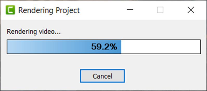 A screen shot of Camtasia Video render progress indicator at 59.2%