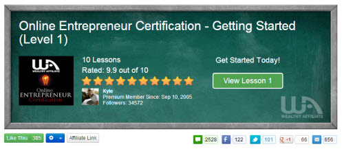 a screen shot of the wealthy affiliate online entrepreneur certification course