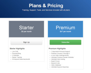 a screen shot of the wealthy affiliate sign up page listing membership options, their benefits, and pricing