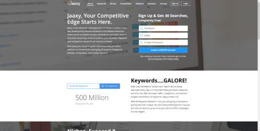 A screenshot of the Jaaxy home page