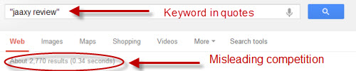 screen shot of google showing number of results for a quoted search for jaaxy review