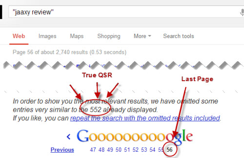 A screen shot of google showing the last page and the true Quoted search results of jaaxy review.