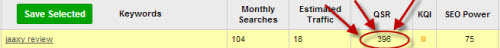 A screen shot showing what Jaaxy lists as the QSR for the keyword Jaaxy review.
