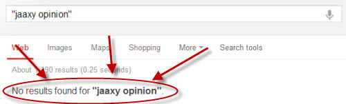 Screen shot of google showing results for the quoted search result "Jaaxy opinion"