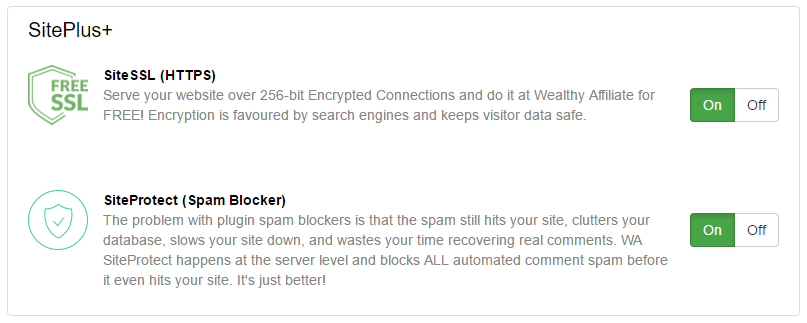 A screenshot of text describing the SitePlus+ compents which are SiteSSL and SiteProtect